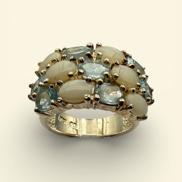 Triple wide row white opal and blue topaz ring Stamped 925 - Picture 6 of 7